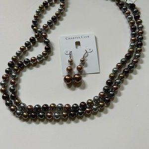 NWT Charter Club Bronze Tone Necklace & Matching Earrings with Iridescent beads.